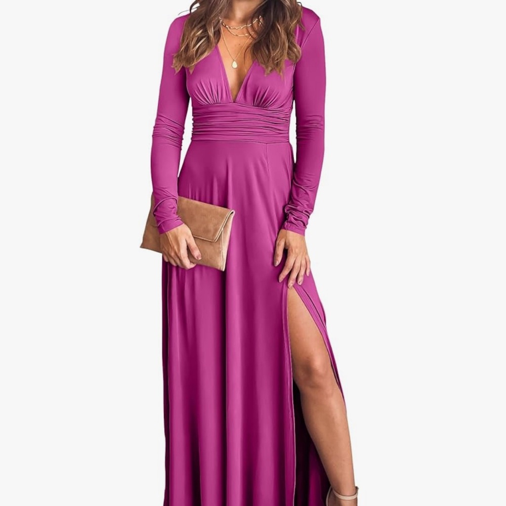 ANRABESS Women Deep V Neck Long Sleeve Slit Elegant Maxi Long Dress - Fuschia - Picture 1 of 6